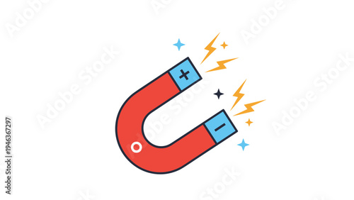 Classic red and blue horseshoe magnet attracting energy sparks and bolts, symbolizing attraction and magnetic force.