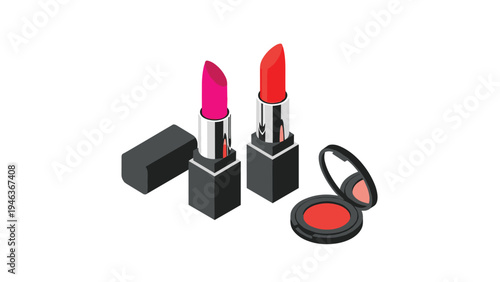 Beauty and cosmetics products concept featuring isometric view of two open lipsticks in pink and red with makeup compact.