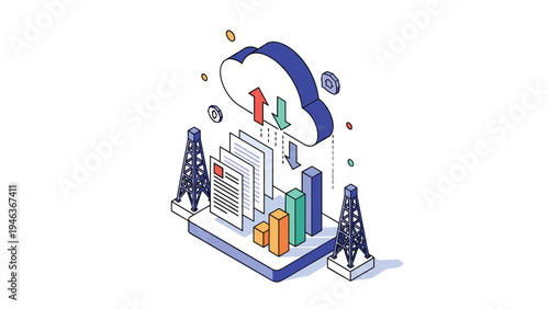 Cloud computing and data transmission concept showing isometric cloud icon with arrows and cellular signal towers on a platform.