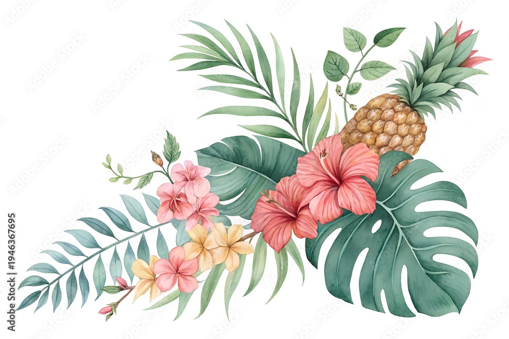 Obraz premium Watercolor Tropical Composition - Monstera Leaves Hibiscus Flowers Pineapples and Tropical Blooms