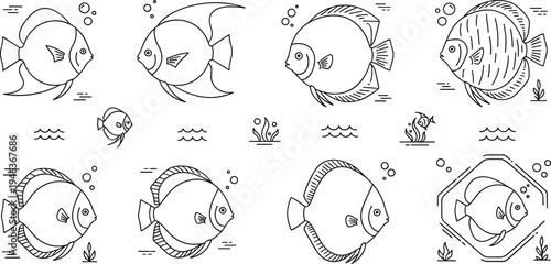Vector set of tropical fish line art featuring discus fish in various swimming poses with bubbles and underwater elements isolated on white background.