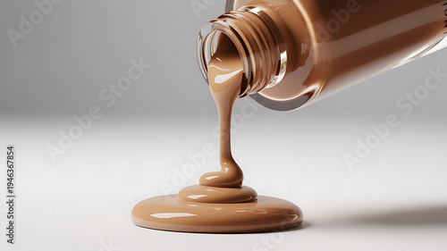 Creamy brown foundation pouring from a glass bottle onto a clean white surface
