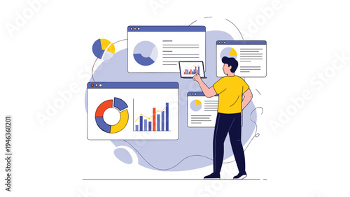 Man managing multiple virtual screens showing data dashboards and analytical charts for advanced digital business operations.