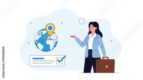 Businesswoman holding a briefcase and pointing to a globe with a location pin to represent international trade and travel.