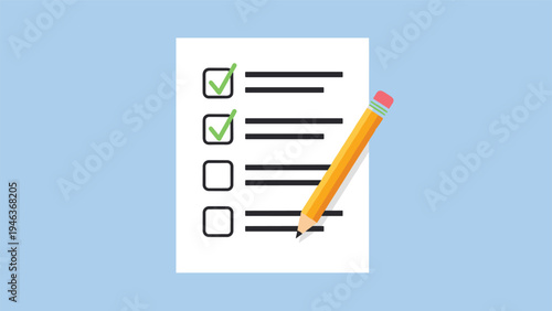 Paper checklist with green checkmarks and a pencil used for task management, goal tracking, and productivity planning.