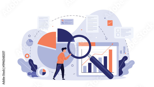 Data scientist using a large magnifying glass to analyze complex colorful charts and graphs for market research insights.