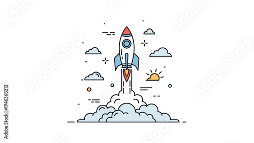 Startup launch and business growth concept featuring rocket ship taking off with smoke clouds and celestial icons.