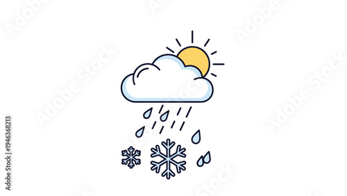 Weather forecast and seasonal changes concept showing sun behind cloud with falling rain drops and snowflakes symbols.