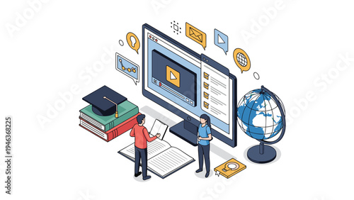 Comprehensive isometric online education scene with people studying using digital devices, books, a globe, and academic icons.