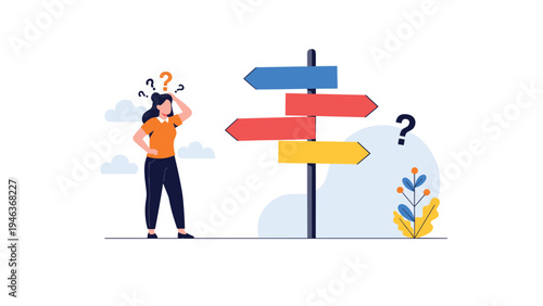 Confused woman standing before a crossroad signpost with multiple arrows trying to make a difficult career or life choice.