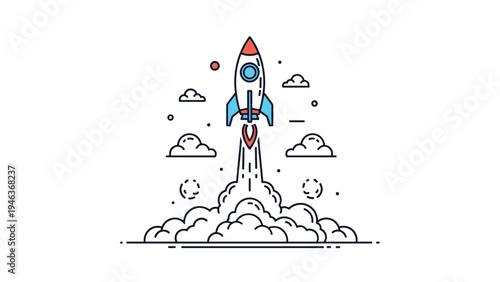 Line art rocket ship launching into space with clouds and celestial bodies representing startup growth and business ambition.