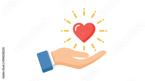 Hand holding a glowing red heart with light rays to symbolize love, care, donation, and humanitarian support activities.