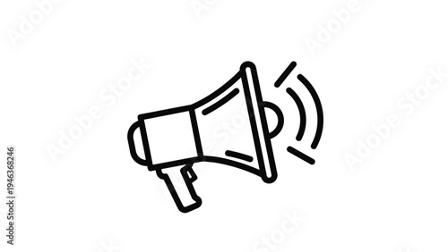 Simple black line drawing of a megaphone or loudspeaker with sound waves for marketing and announcement concepts.