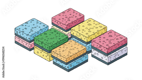 Colorful assortment of textured rectangular kitchen sponges stacked in a group for household cleaning and washing themes.