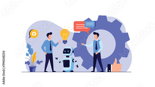 Business team collaborating with a small robot and big gears under a lightbulb to find innovative technology solutions.