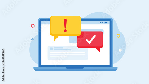 Laptop screen displaying important notification bubbles with warning exclamation and success checkmark symbols for alerts.