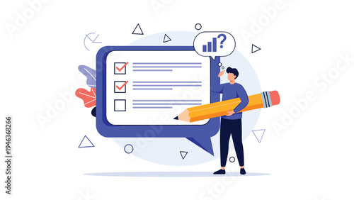 Man carrying a large pencil while looking at a giant digital checklist with data charts reflecting on survey results.