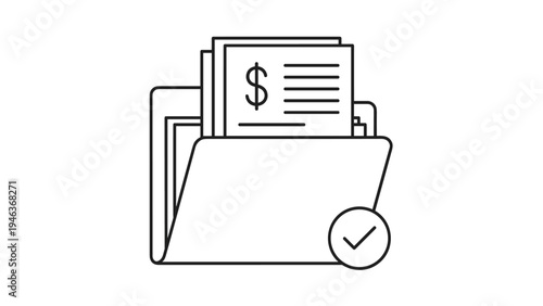 Folder icon containing documents with a dollar sign and a verified checkmark representing secure financial record keeping.