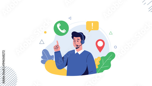Friendly customer support agent with a headset surrounded by service icons like phone, location, and alert symbols.