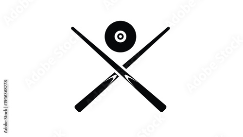 Simple black and white icon of two crossed pool cues and a billiard ball for sports and recreation facility branding.