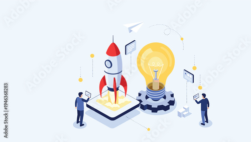 Creative startup team launching a rocket from a platform next to a giant lightbulb and a gear representing innovation.