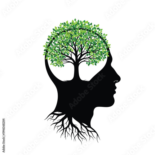 Thought-provoking graphic of a human head containing a lush green tree, representing mental growth, environmental awareness, knowledge, and inner peace