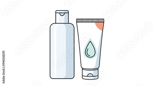 Minimalist illustration of a plastic bottle and a tube of cosmetic cream or lotion for beauty and hygiene packaging.