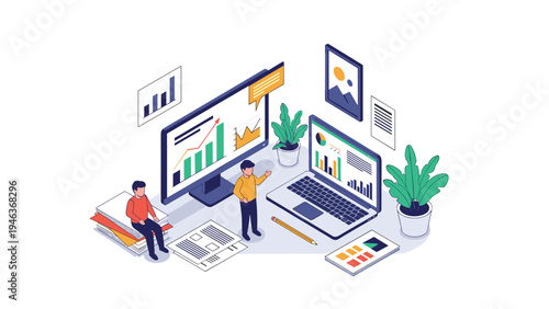 Isometric creative workspace with people analyzing business data on a large monitor and laptop with plants and documents.