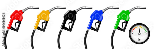 Fuel pump nozzles set with fuel gauge indicator on white background. Gas station fuel nozzles and fuel level meter vector template
