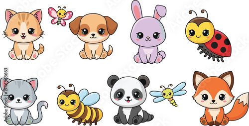Vector set of cute cartoon baby animals and insects including kittens puppy rabbit panda fox bee butterfly ladybug and dragonfly isolated on white background