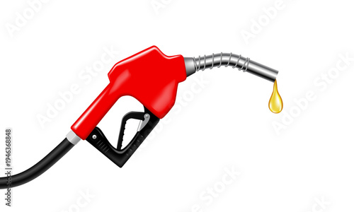 Fuel nozzle with petrol drop isolated illustration. Gasoline red fuel pump nozzle isolated with drop oil on white background, oil industry and refuel service concept