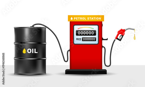 Oil barrel connected to Petrol station pump illustration. Fuel pump supplying oil from Industrial barrel concept