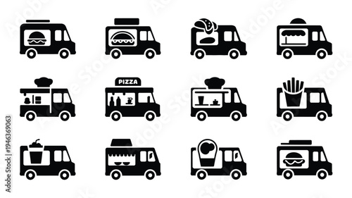 Collection of black food truck icons on white background for branding and marketing