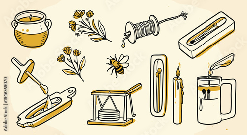 Vintage illustration of beekeeping and candle making tools with a bee and flowers