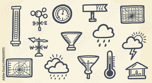 Weather forecast icons set for meteorology and climate science