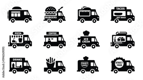 Collection of 12 minimalist food truck icons for various cuisines and services on white background