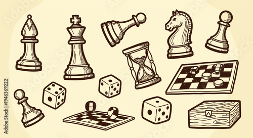 Collection of vintage hand drawn game pieces and accessories on a textured background