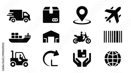 Logistics and shipping icons set including truck plane ship motorcycle warehouse and globe on white background