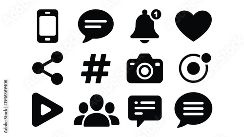 Black vector icons for social media and communication on white background showcasing various symbols