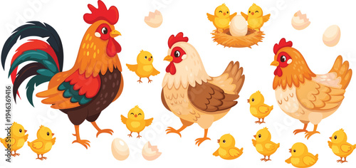 Vector set of cute cartoon chicken family characters including rooster, hens, and yellow chicks with eggs and nests isolated on white background.