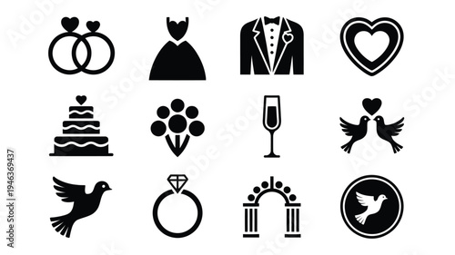 Wedding icons and symbols in black on white background for marriage and love designs