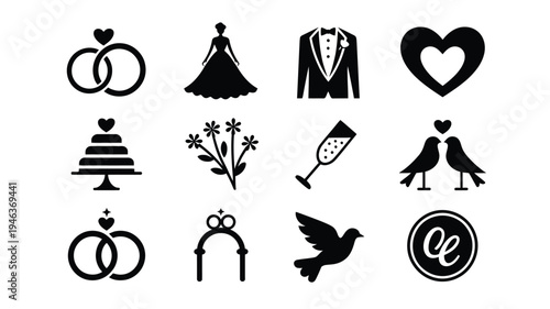 Wedding icons and symbols in black on white background for marriage and love designs
