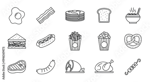 Collection of delicious food icons in a simple line art style