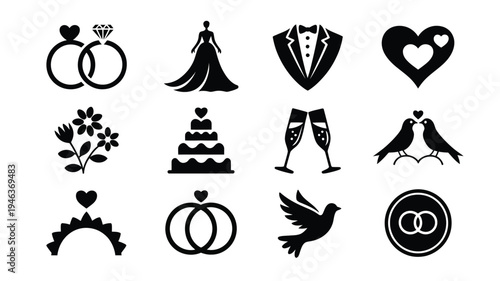 Wedding icons set including rings cake bride groom hearts and birds on white background for marriage and love designs