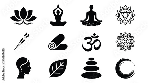 Yoga and meditation logo bundle featuring 12 symbols for mindfulness and wellness branding