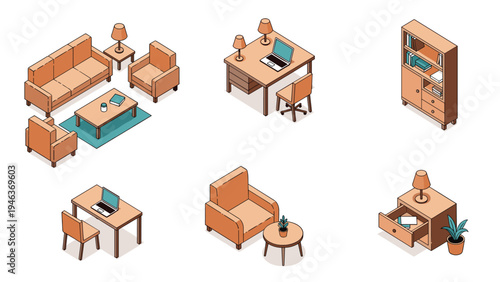 Set of isometric office and home furniture items includes sofas, desks, chairs, shelves, and lamps in a warm brown tone.