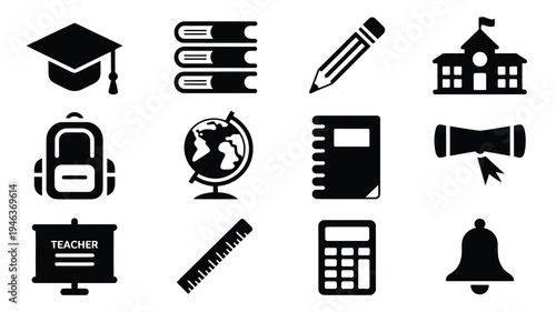 Black education icons set including graduation cap books pencil school building backpack globe notebook megaphone teacher desk ruler calculator and bell on white background