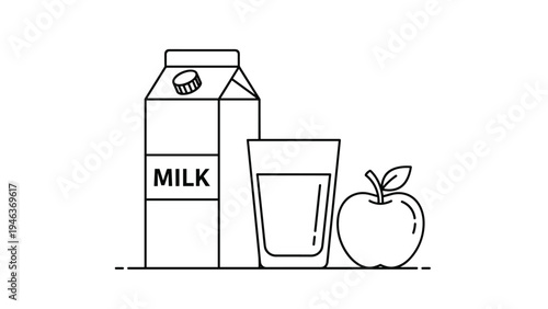 Healthy breakfast or snack elements including a milk carton, a glass of milk, and a fresh apple are shown in line art.