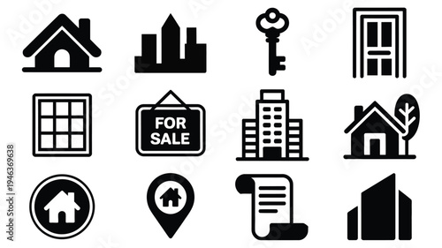 Real estate icons set with houses buildings keys and documents on white background
