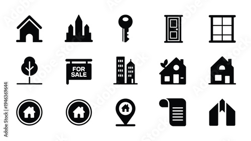 Vector illustration showcasing various real estate icons and symbols for property and housing concepts